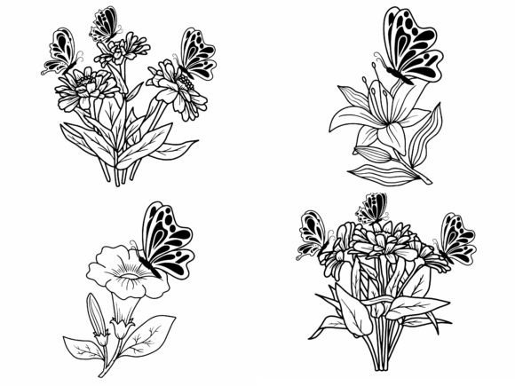 Flower Butterfly Line Art Illustration